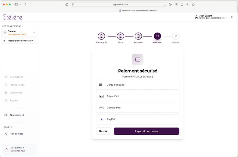 Mode de paiement pour inscription et gestion de sa concession funéraire sur Stèlère