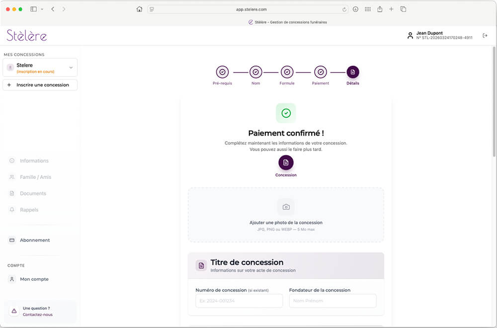 Paiement confirmé pour inscription et gestion de sa concession funéraire sur Stèlère